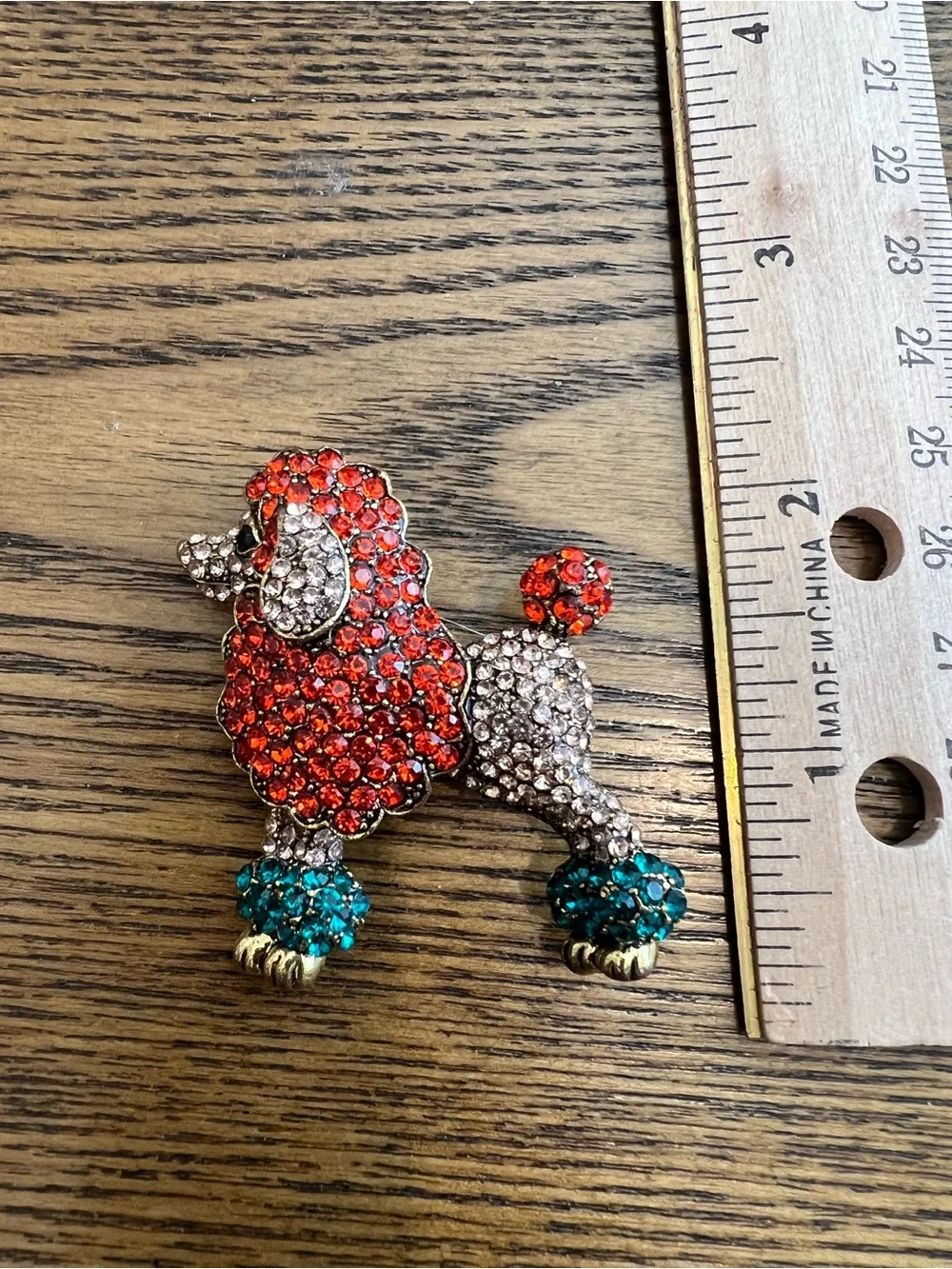 Vintage Rhinestone Poodle Brooch in Red, Teal & Clear - Picture 1 of 3